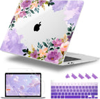 Case for MacBook Pro 13 inch with/Without Touch Bar (2016-2022, M2 A2338 M1 A2289 A2251 A2159 A1989 A1706 A1708), Hard Shell + Keyboard Cover + Dust Plug - Purple Flower