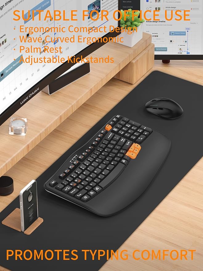 Wireless Keyboard and Mouse Combo, 2.4G Wave Keys Ergonomic Keyboard with Palm Rest and 3 DPI Silent Mouse, Compact Size for Natural Typing, Spill-Resistant, for Windows/PC/Laptop/Mac(Black)