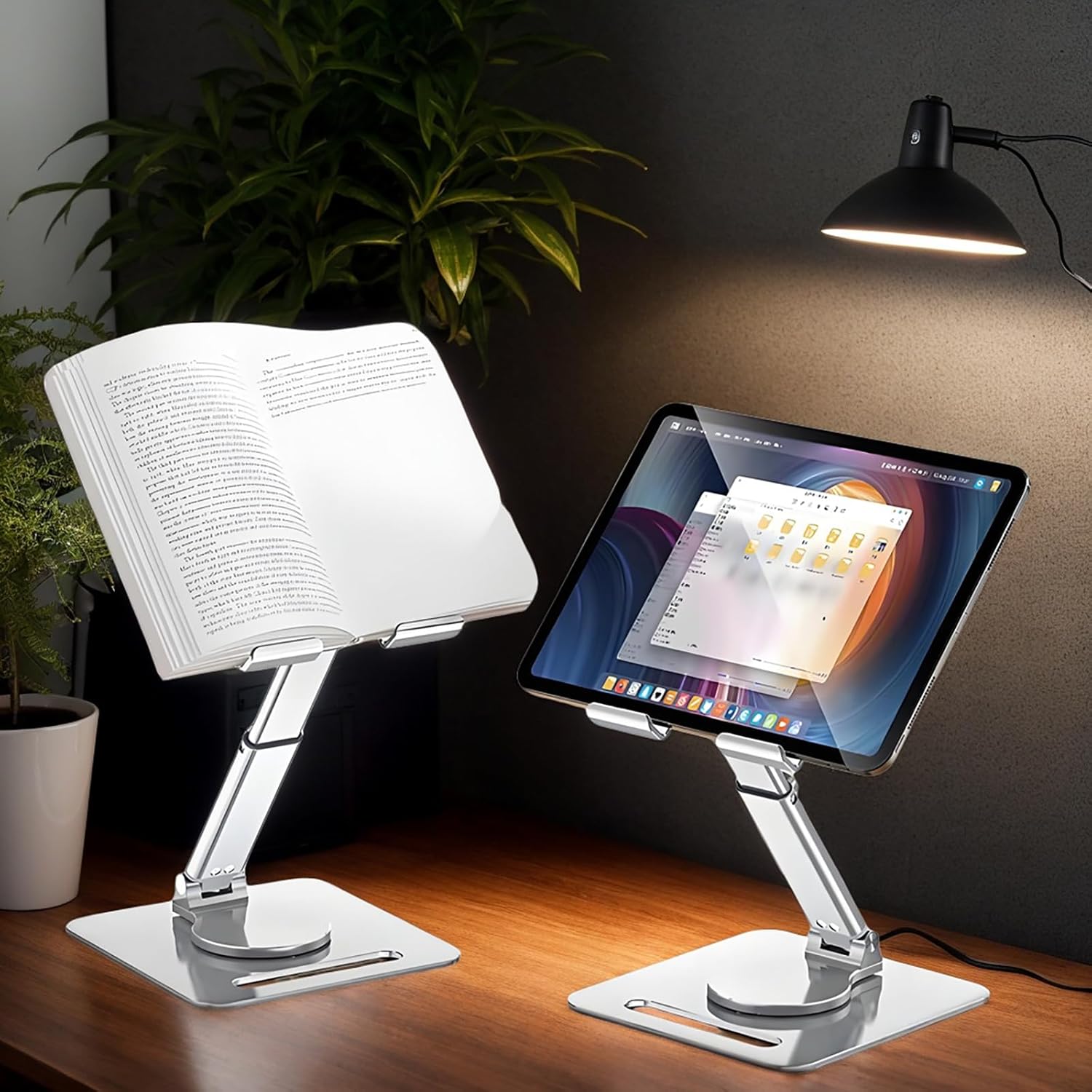 GuaziV 360° Rotating Tablet Stand - Adjustable iPad Tablet Holder for Desk, Foldable iPad Swivel Stand for Home & Office (Polished Silver)