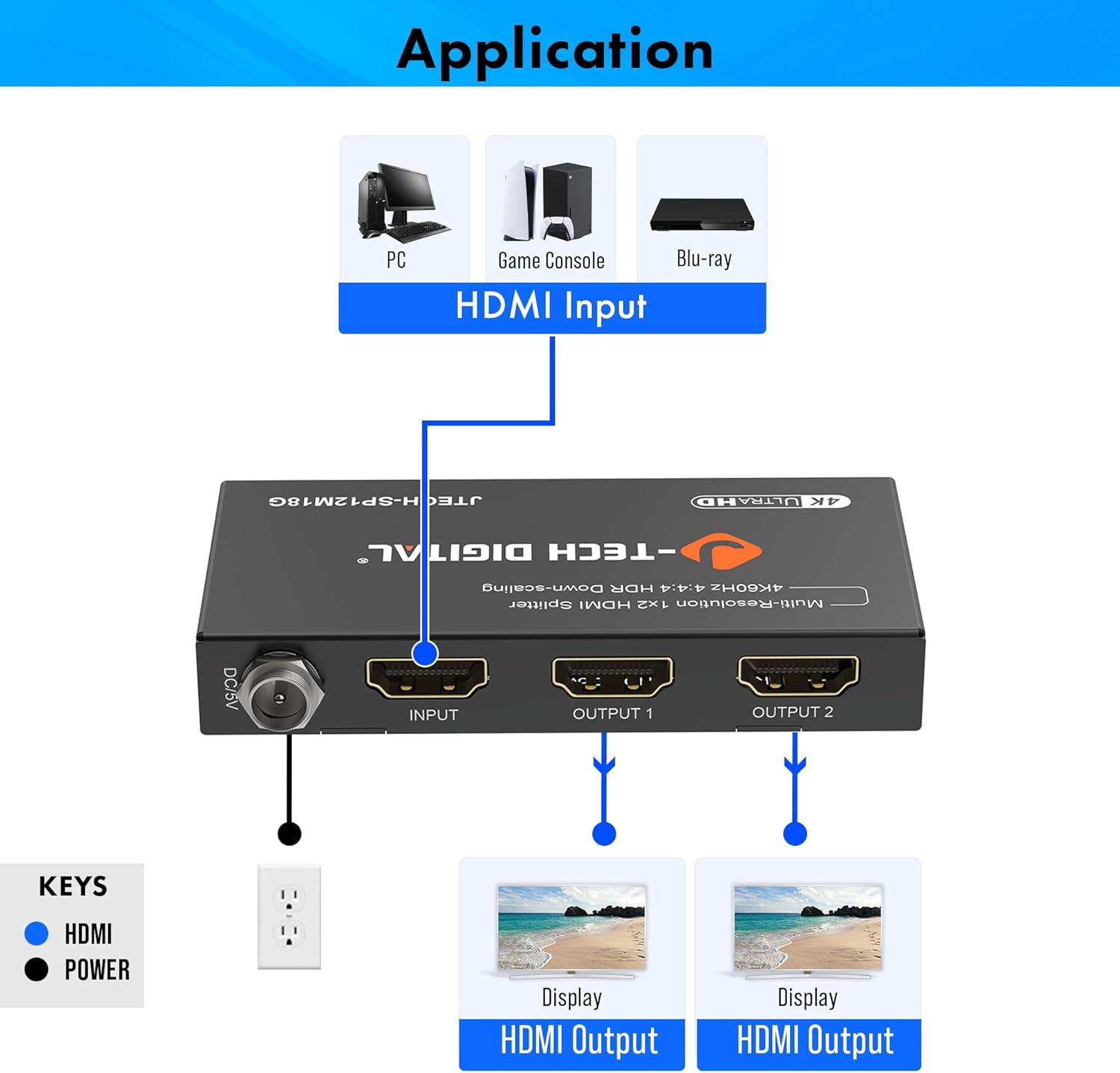 J-Tech Digital HDMI Splitter 1 in 2 Out 4K@60Hz, 1x2 HDMI Splitter for Duplicate/Mirror Screen 4K to 1080P Downscaling Function 3 EDID Settings (JTECH-SP12M18G)