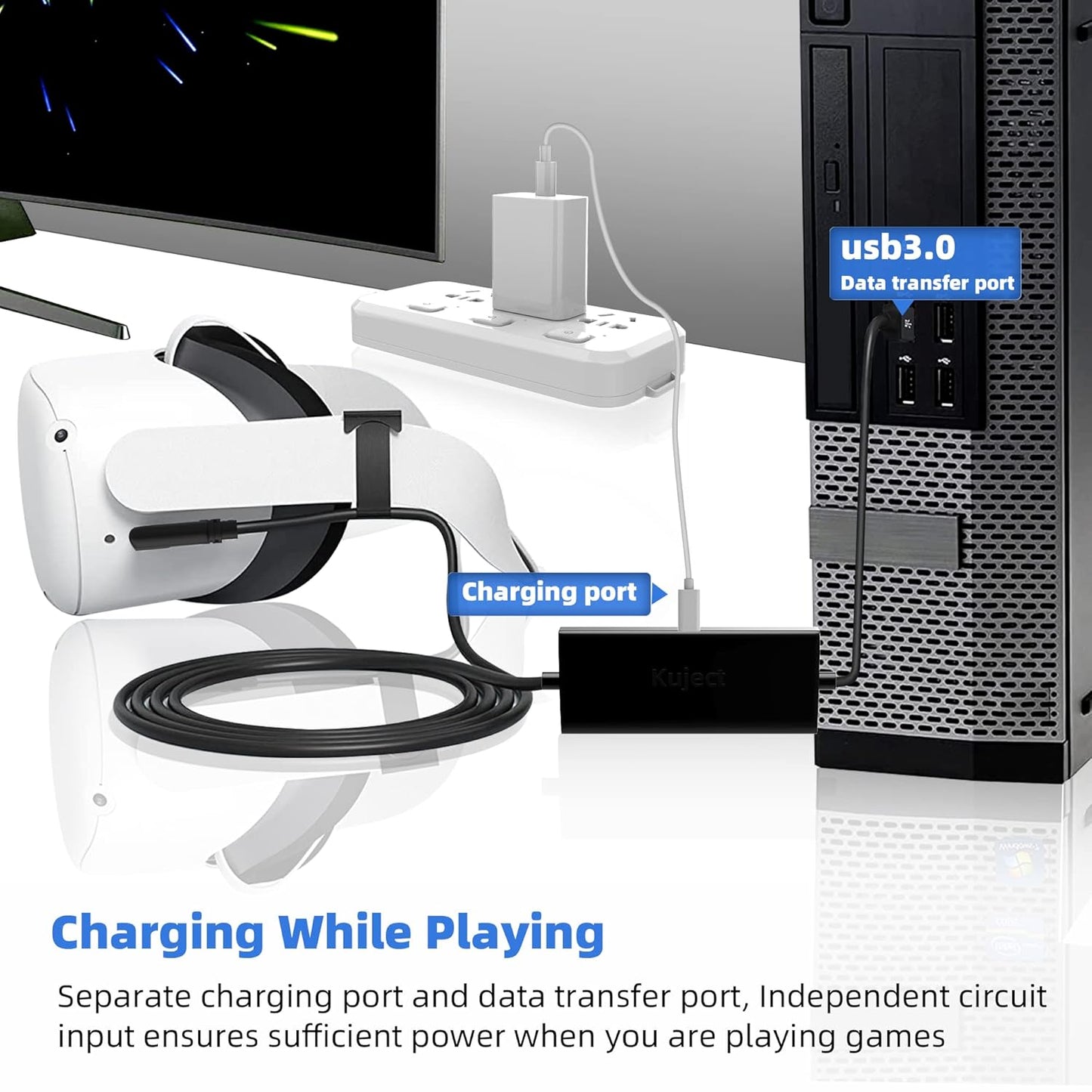 Kuject Design 20FT Link Cable for Quest 3S/3, Quest 2, Quest Pro, with Separate Charging Port for Uninterrupted Power, USB 3.0 Type A to C Cable for VR Headset Accessories and Gaming PC