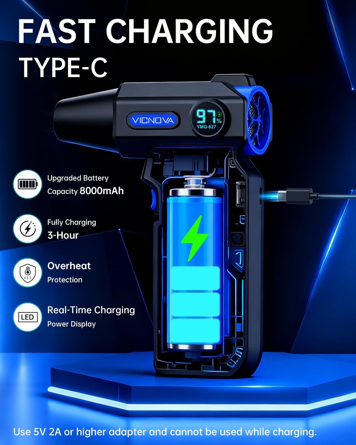 VICNOVA Compressed Air Duster, 150,000RPM Cordless Electric Air Blower with 3-Speed Adjustable Rechargeable with LED Light for Cleaning Car, Computer, PC Keyboard, Gifts for Dad, Man, Him