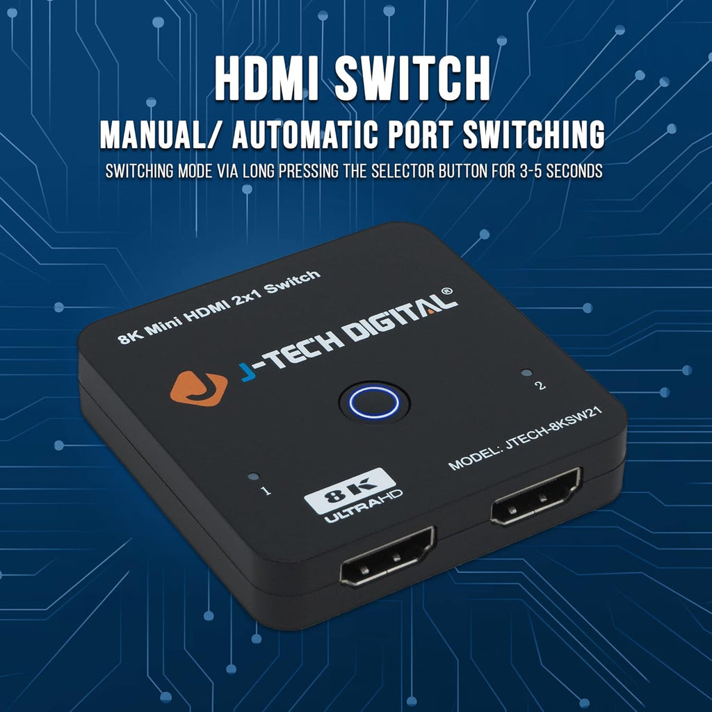 J-Tech Digital 8K HDMI 2.1 Mini Switch 2 in 1 Out 48Gbps 8K 60Hz 4K 120Hz HDR / HDR10 HDMI Switcher for Xbox PS5 BluRay with Auto Switch [JTECH-8KSW21]