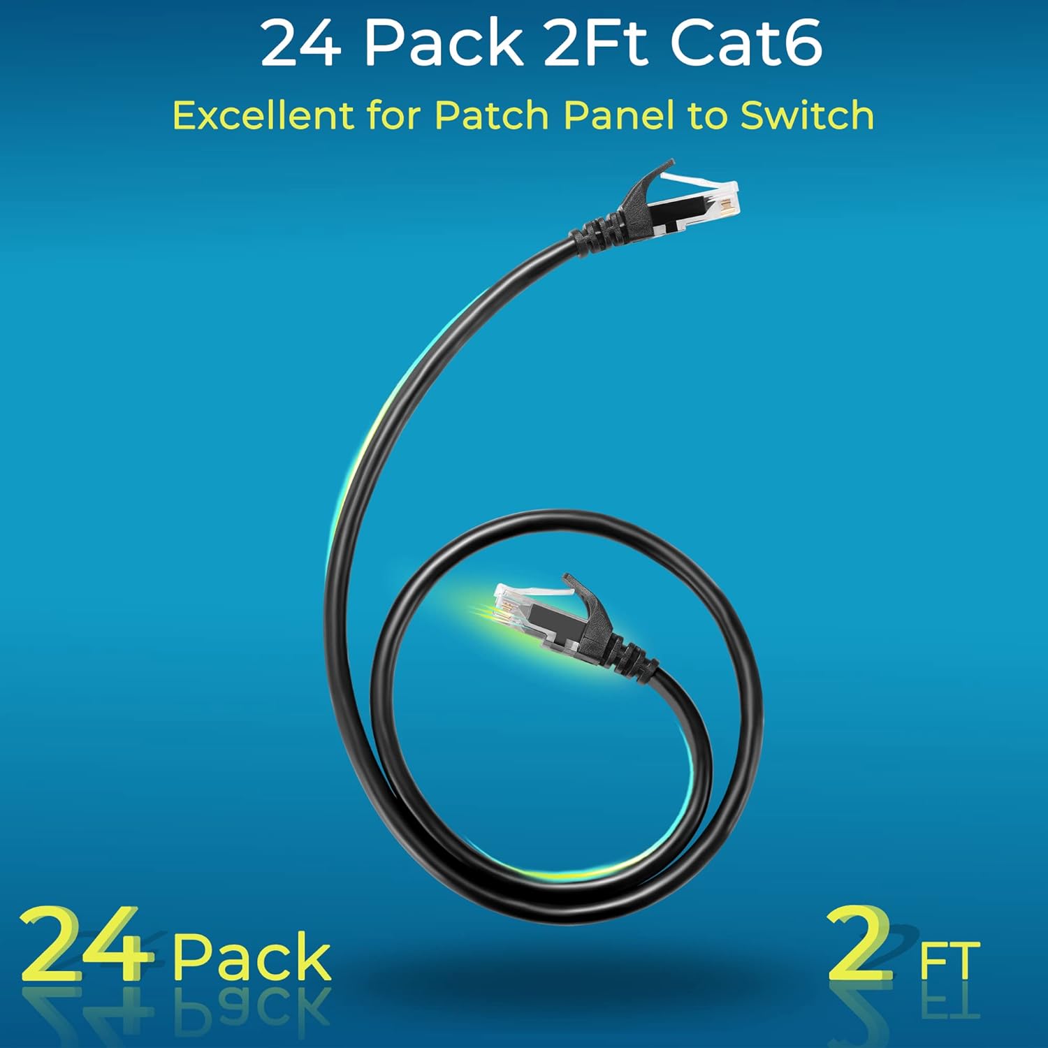 Rapink Patch Cables Cat6 2ft (24 Pack), Ethernet Patch Cable 10G, Cat 6 Patch Cable for Patch Panel to Switch, Flexiable Cat 6 Ethernet Cable with Gold Plated Black