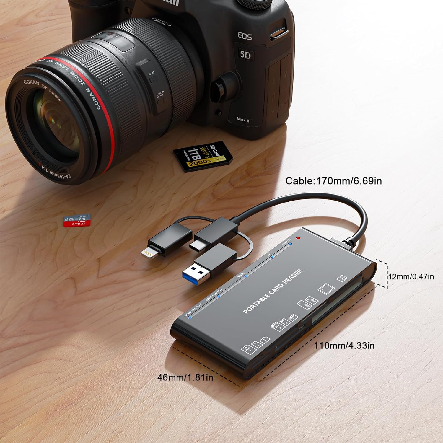 Memory Stick Pro Duo Adapter, Memory Card Reader for MS/XD/CF/SD Card - 7-in-1 Card Reader/Adapter for Windows, Mac, iOS, Android(USB-A + USB-C + Lightning)