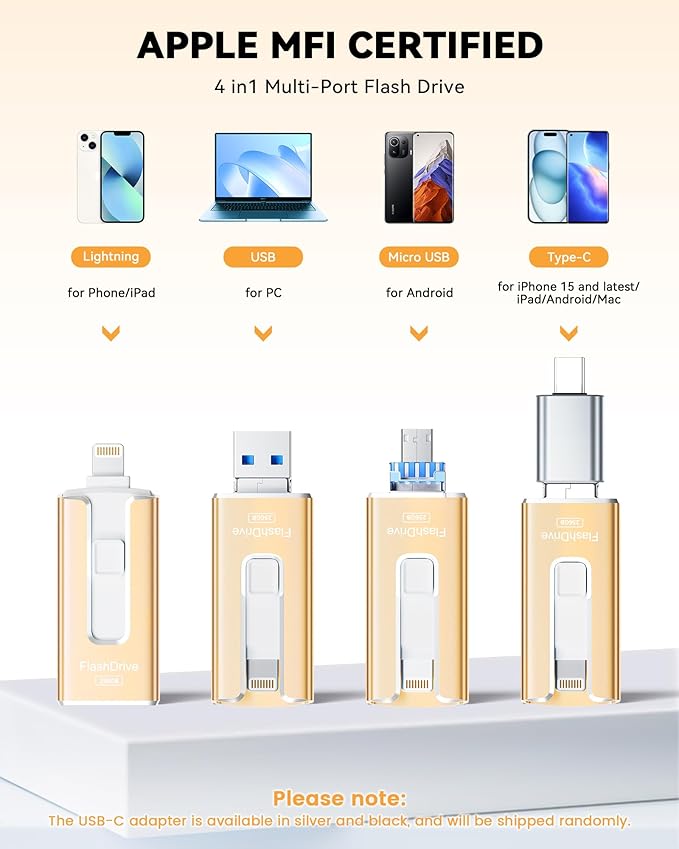 MFi Certified 256GB Flash Drive for iPhone iPad, Photo Stick for External Memory Storage, Easily Back Up and Save Photos Videos, USB Memory Stick Thumb Drive for iPhone/iPad/Android/PC (Gold, 256GB)