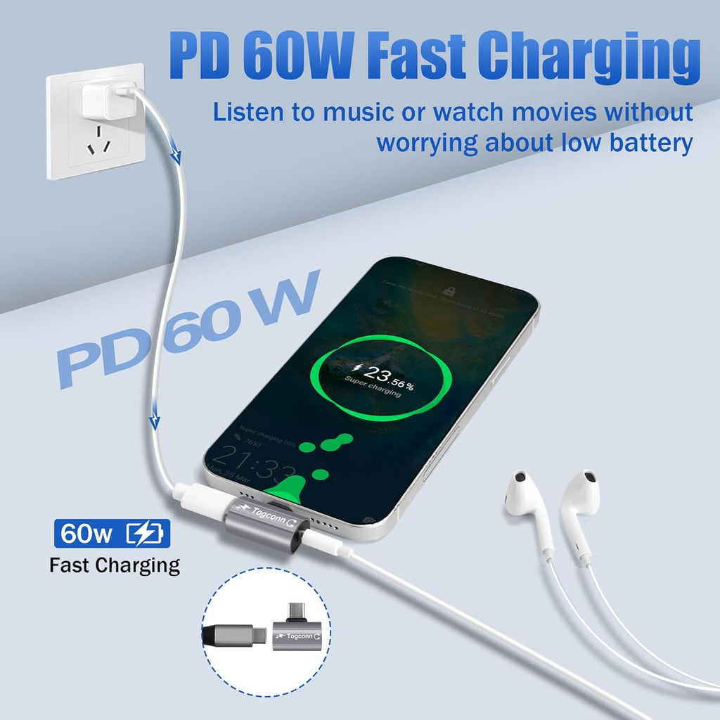 USB C to 3.5mm Aux Headphone and Charger Adapter Splitter, 2 in 1 USB Type C Male to Aux Audio Jack with PD 60W Fast Charge Port for iPhone 15 Pro Max, Galaxy S24/23 Ultra, iPad Pro, Pixel 8