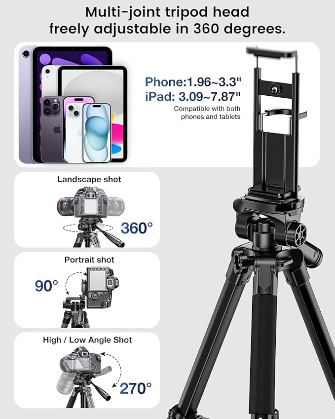 73" Camera Tripod and Monopod, Professional Aluminum Tripod Stand for Mirrorless Camera/DSLR/Cell Phone/Camcorder/GoPro, with Phone Holder and Travel Bag (Black)