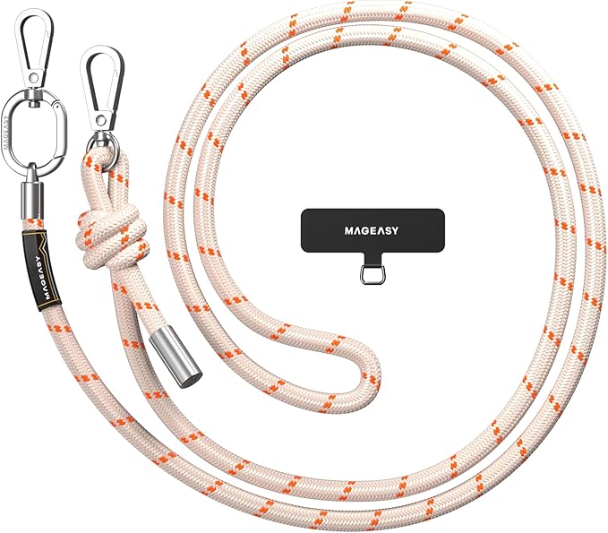 MAGEASY Universal Cell Phone Lanyard - Anti-Theft Thick Rope Crossbody Phone Strap for iPhone 16 Pro Max & Most Smartphones, for Men & Women | 8.3mm Beige/Orange