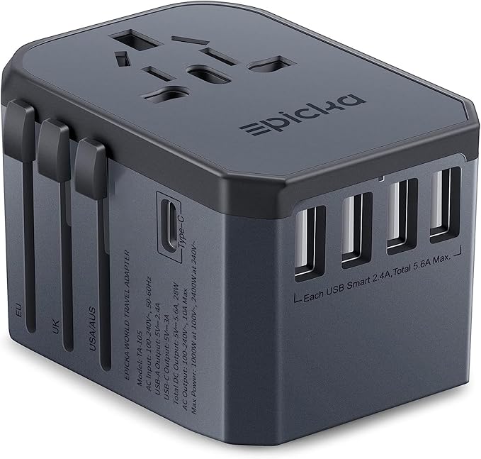 EPICKA Universal Travel Adapter, European Travel Plug Adapter - International Power Adapter Worldwide Charger with USB-C & 4 USB-A Ports, Travel Essentials for Italy, UK, Japan (TA-105, Space Grey)