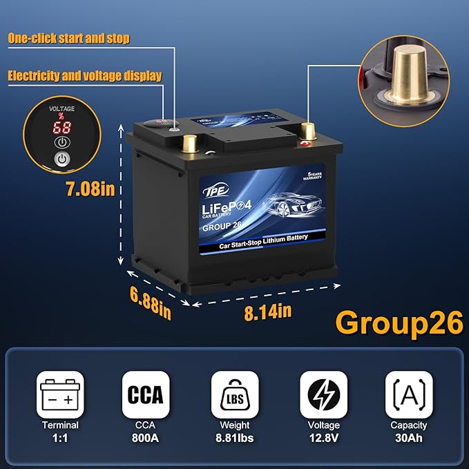 TPE Car Start Stop System BCI Group26 LiFePO4 Lithium-ion Battery 12.8V 800A Lightweight High Performance Battery Battery Level Display Left Negative Right Positive