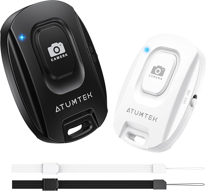ATUMTEK Camera Remote Shutter for iPhone and Android Smartphones (2 Pack), Wireless Phone Remote Control Selfie Button for Photos and Videos (Bluetooth 5.2), Wrist Strap Included, Black & White