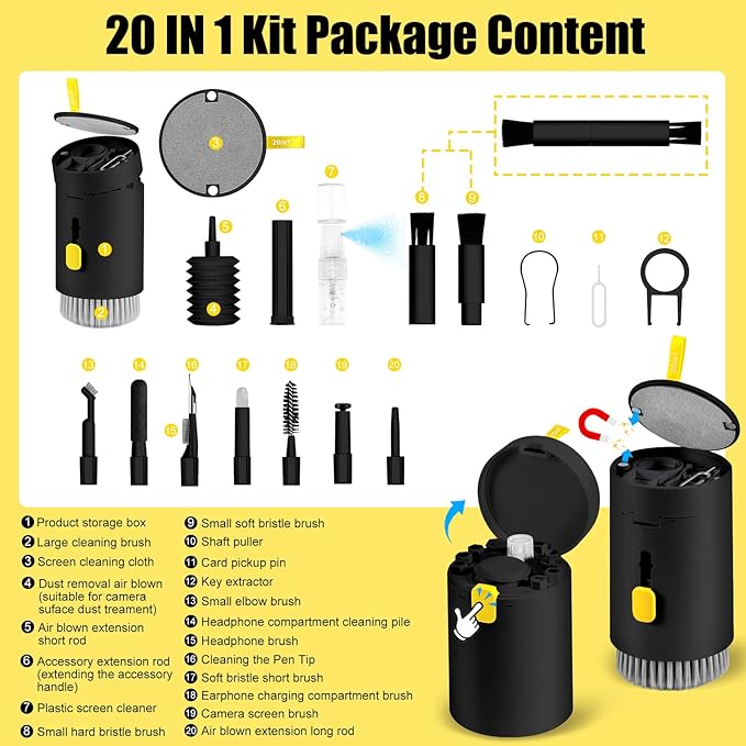 walrfid Laptop Phone Screen Cleaner Kit, Computer Keyboard Brush Cleaning Spray for iPhone AirPods MacBook iPad, 20-in-1 Electronic Device Clean Tool for Camera Earbud Car Screens (Black)