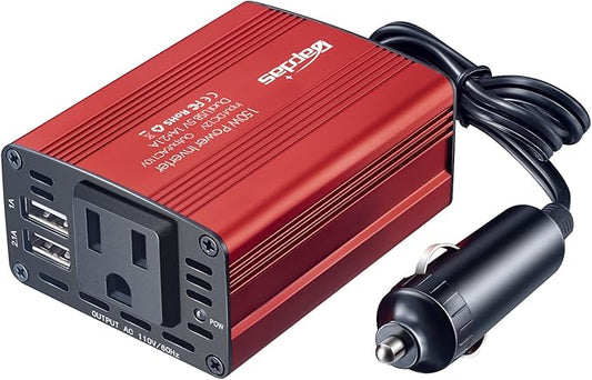 150W Power Inverter 12v to 110v Car Adapter Outlet to Wall Plug with 3.1A Dual USB Car Charger for Laptop Computer-Red