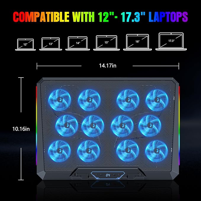 Laptop Cooling Pad with 12 Quiet Fans, Slim Portable for 12-17.3 Inch Laptop Cooler Stand, RGB Lighting, with 5 Height Adjustable, Gaming Cooling Fan Pad, USB/Type-C & Phone Holder (LCD)
