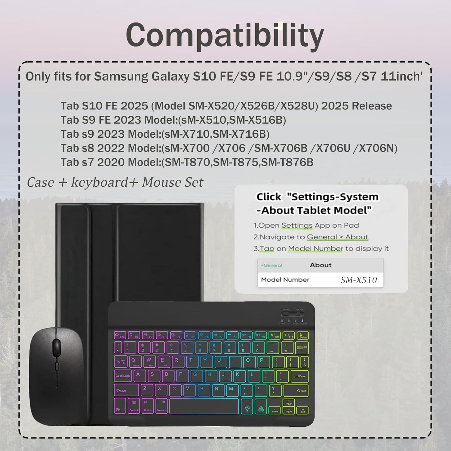 Keyboard Case for Samsung Galaxy Tab S10 FE / S9 FE 10.9 inch/Tab S9 / S8 / S7 11 inch - with 3 Color Backlit Mouse Detachable Keyboard Case