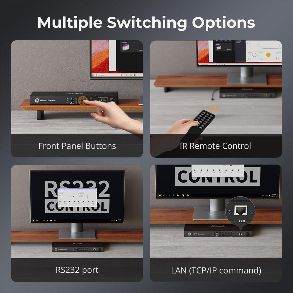 TESmart 8×1 HDMI Switch 8 in 1 Out 4K @ 60Hz HDCP with 19-inch Rack-Ears | RS-232 / LAN Control | IR Remote Control and Auto Switch | Auto Scan Time Interval - Black