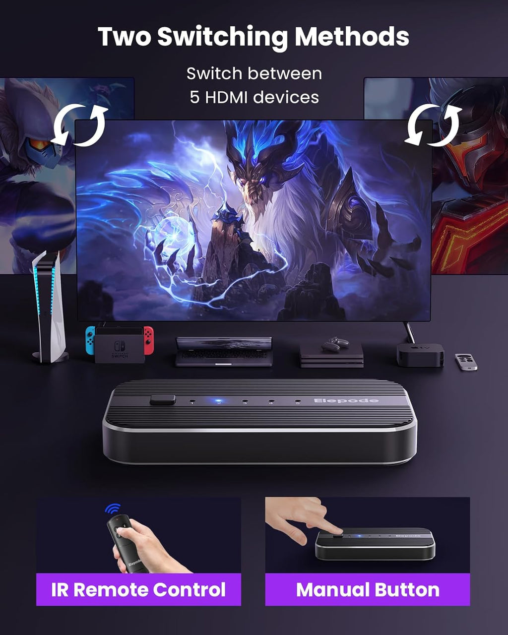 HDMI Splitter with Remote, 5 in 1 Out 4K@60Hz Elepode HDMI Switch, HDMI 2.0 Switch Box Hub for 3D, HDCP2.2, HDR, Compatible with Xbox, PS5/4/3, Fire Stick Roku Blu-Ray Player