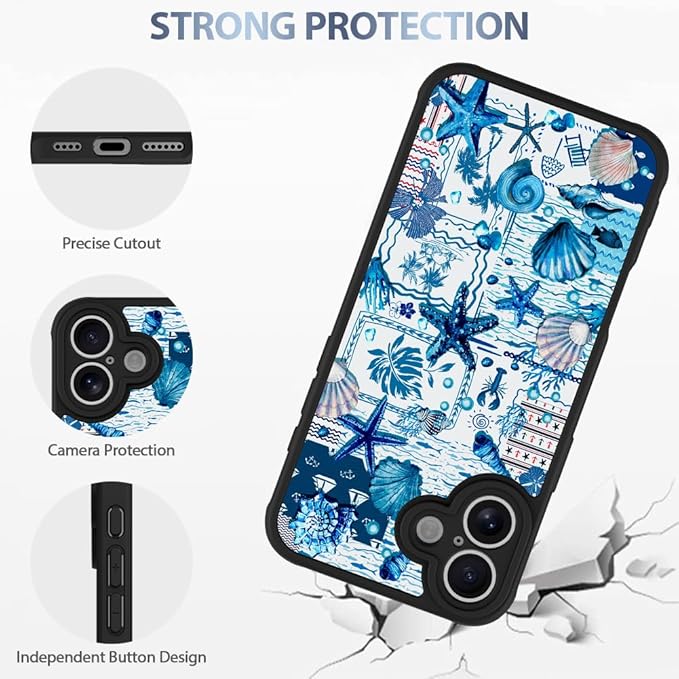 AIGOMARA Magnetic Case for iPhone 16 Plus [Compatible with MagSafe] Blue Shell Starfish Ocean Holiday Collage for Women Girls Men Soft TPU Bumper Hack PC Back Heavy Duty Protective Slim Cover