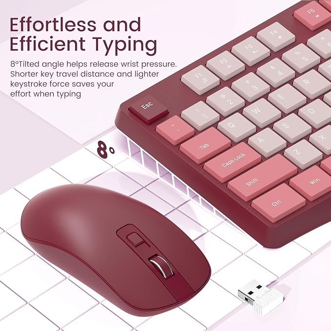 Wireless Keyboard and Mouse Combo, Lovaky 2.4G Full-Sized Ergonomic Keyboard Mouse, 3 DPI Adjustable Cordless USB Keyboard and Mouse, Quiet Click for Computer/Laptop/Windows/Mac (1 Pack, Rose)