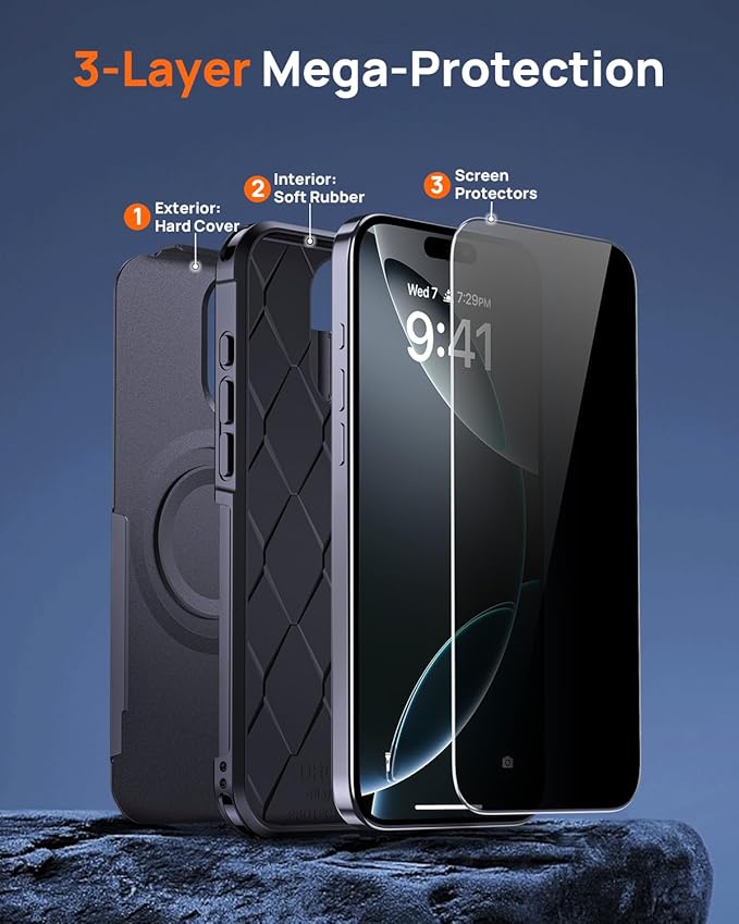 Lanhiem Magnetic for iPhone 16 Pro Max Case, with [2 Pcs Privacy Screen Protector] [Compatible with MagSafe] Shockproof Heavy Duty Military Protective Phone Case Cover for iPhone 16 Pro Max (Black)