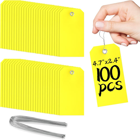 100Pcs Shipping Tags with Wire Ties Plastic Hang Tags for Labeling Blank Tags with Holes Waterproof Equipment Moving for Outdoors Auto Parts Luggage Garage Inventory(Yellow, 4 3/4" x 2 3/8")