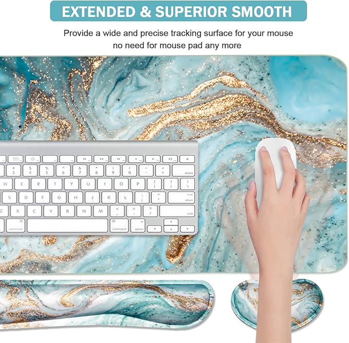 Keyboard Mouse Pad Set, Extended Mouse Pad+Keyboard Wrist Rest Support, Memory Foam Ergonomic Easy Typing, 3Pcs (35.4×15.7 in) Desk Pad Set for Home Office Study Game-Green Marble