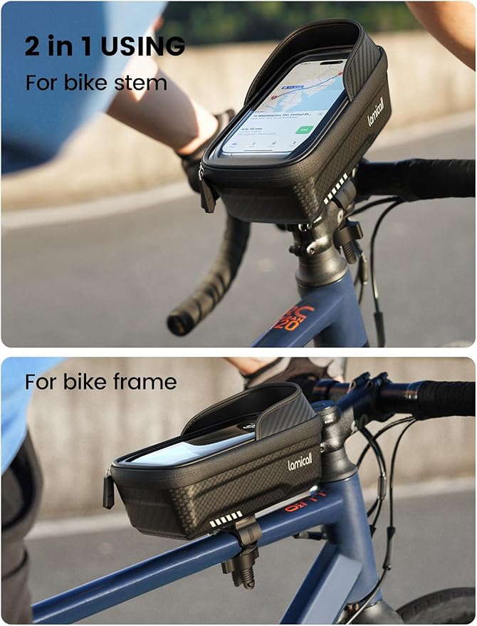 Lamicall Bike Frame Bag Waterproof - [1s Release] [2 in 1] Bike Phone Bag, Bike Phone Holder Mount, Bicycle Top Tube Bag, Cycling Pouch with Rain Cover, Bike Accessories for Phones Under 7"