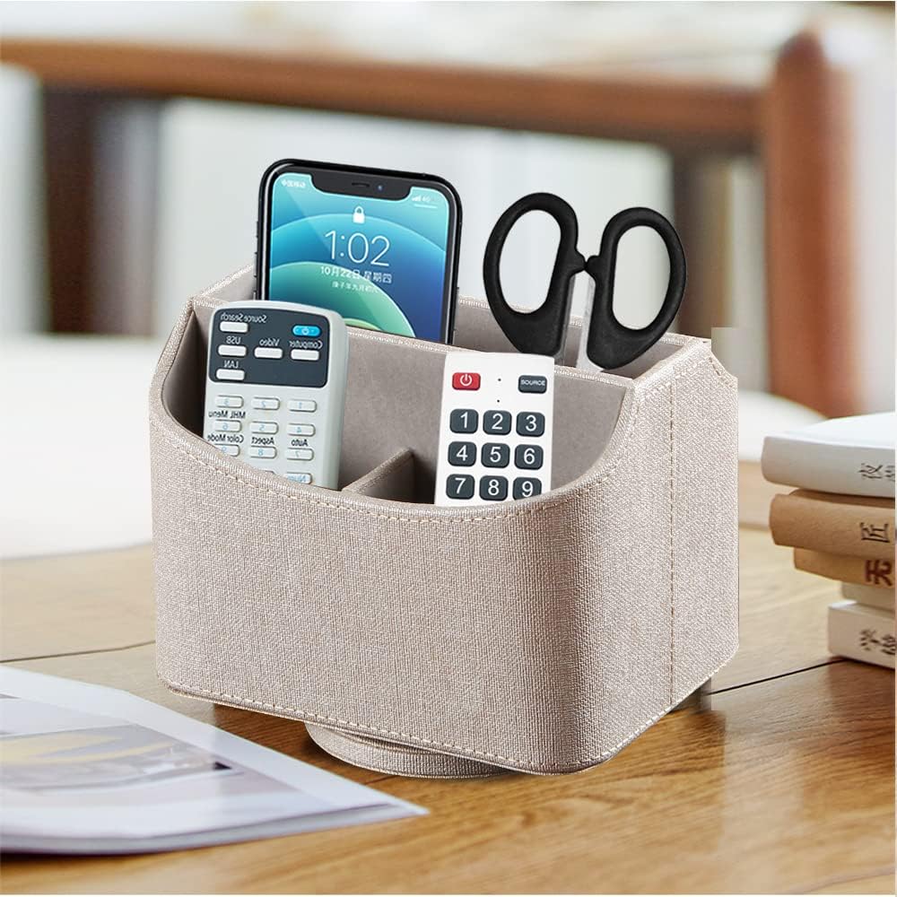 Fanousy 360° Rotating Remote Control Holder, PU Leather TV Remote Caddy Organizer Basket Storage Box with 5 Compartments for Pen, Pencil, Art Supplies, Makeup Brush, Office Desk Table Accessories