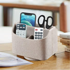 Fanousy 360° Rotating Remote Control Holder, PU Leather TV Remote Caddy Organizer Basket Storage Box with 5 Compartments for Pen, Pencil, Art Supplies, Makeup Brush, Office Desk Table Accessories