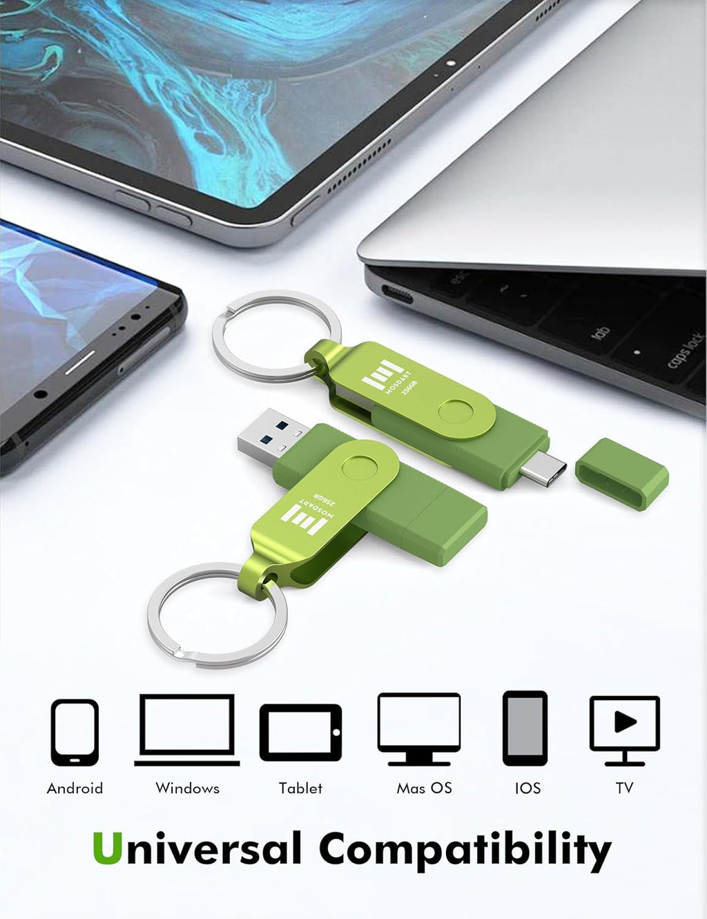 MOSDART 256GB USB3.1 Fast Speed C and A Dual Flash Drive, exFAT Memory Stick with Keychain and LED Indicator, for iPhone 15 and 16, Android Phone, iPad, MacBook, and Other Laptops, Green