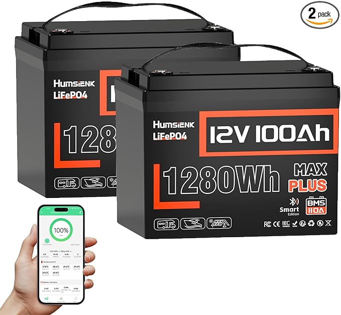 2 PCS 12V 100Ah LiFePO4 Lithium Battery MAX PLUS, Built-in 110A BMS & Bluetooth 5.0, 15000+ Deep Cycles Lithium Batteries, Max. 1280Wh, 10-Year Lifespan for RV, Marine