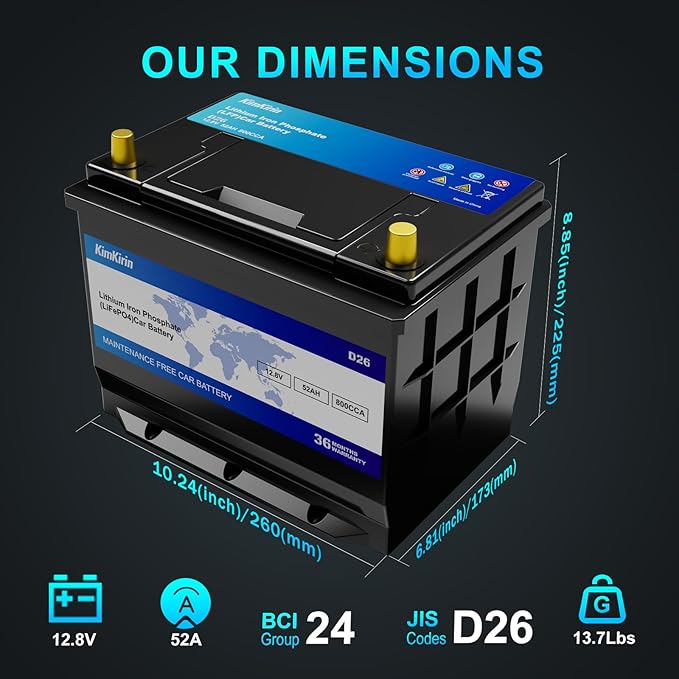 XINGCELL Kim Kirin12.8V 52Ah LiFePO4 Car Battery Group 24/D26 – Lithium Iron Phosphate Deep Cycle Battery with 800CCA High Cranking Power for Start-Stop Cars RV Marine Solar