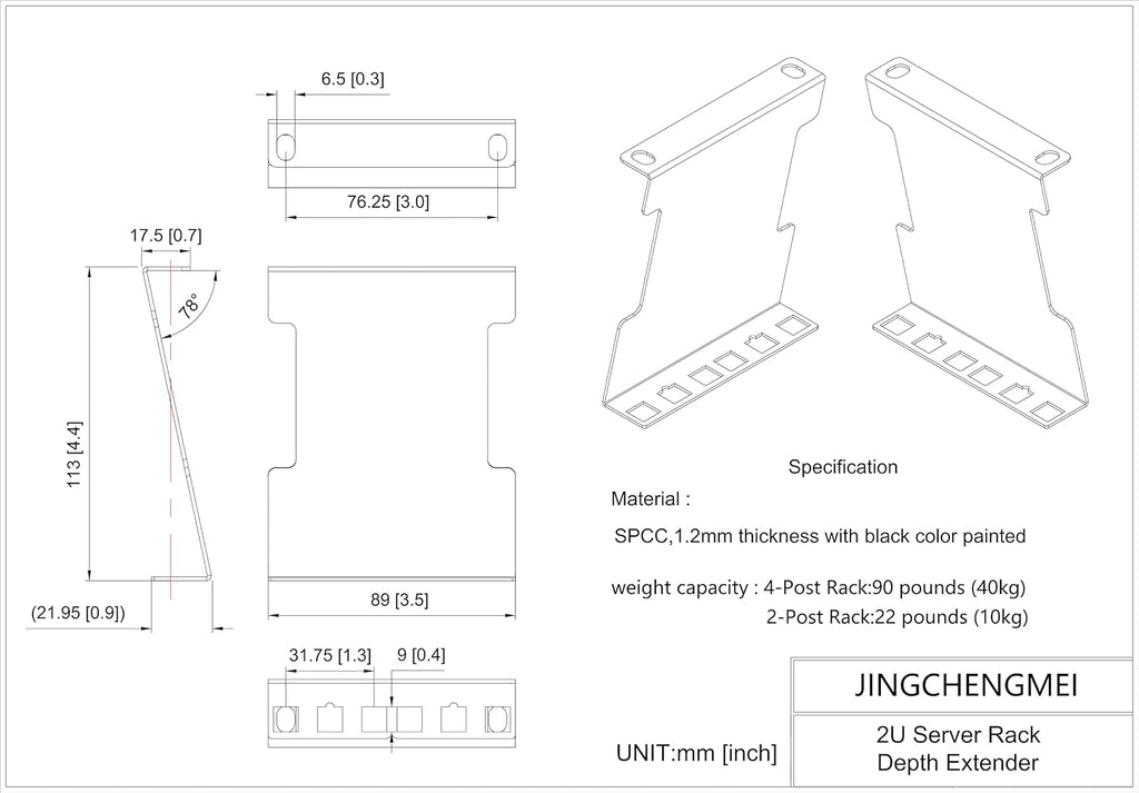 Jingchengmei 2U Server Rack Depth Extender - 4-Inch Deep -Recessed Rack Mount Adapter Kit for Network Rack (2UEXB)…