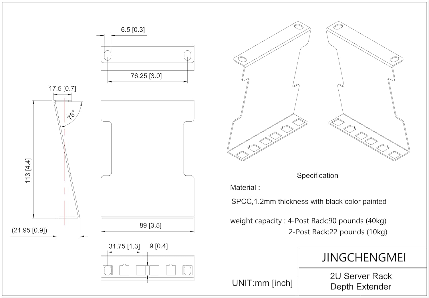 Jingchengmei 2U Server Rack Depth Extender - 4-Inch Deep -Recessed Rack Mount Adapter Kit for Network Rack (2UEXB)…