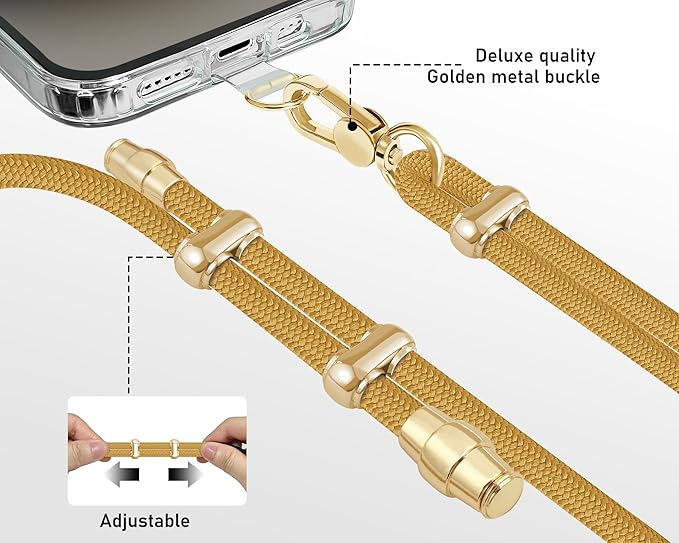 Cell Phone Lanyard Adjustable Crossbody Phone Lanyard *1 Phone Wrist Strap *1 with Deluxe Gold Matal Buckle + Clear Tether Tabs *2 for Shopping Travelling Hiking(Yellow)