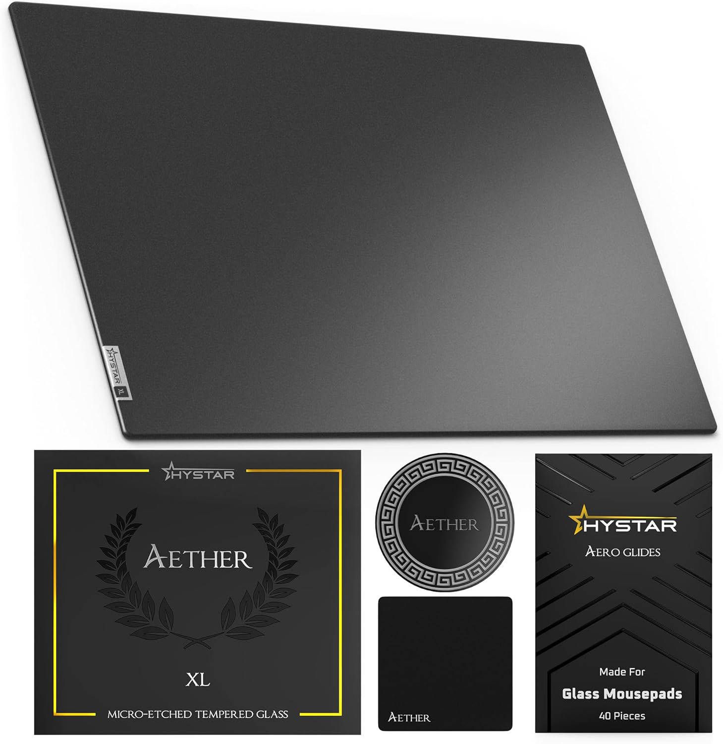 Hystar Aether Glass Gaming Mousepad | Micro-Etched Tempered Glass | Quiet, Ultra-Fast Glide | Full Anti-Slip Silicone Backing (Black, X-Large)