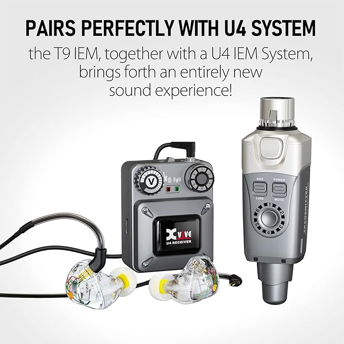 Xvive U4T9 Wireless in-Ear Monitor System, U4 in-Ear Monitor System, T9 IEM Dual Knowles BA Drivers for Studio, Band Rehearsal,Live Performance(U4T9)