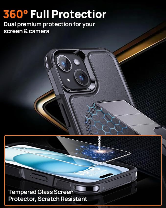 Lanhiem for iPhone 15 Case Magnetic, [2 Pack Tempered Glass Screen Protector][Compatible with MagSafe][10 FT Military Grade Shockproof] Heavy Duty Tough Rugged Phone Cover for iPhone 15 - Black