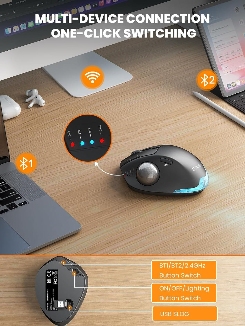 SABLUTE Wireless Trackball Mouse, Ergonomic Bluetooth Rechargeable Computer Mouse, Backlit Rollerball Thumb Laptop mice with 5 Level DPI, Adjustable Angle, 3 Devices Connection for PC, Mac, Windows