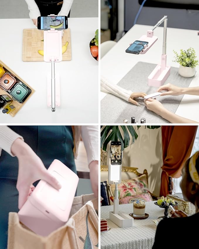 Phone Stand for Recording, Overhead Phone Mount with Light, Selfie Stand,Portable,Extendable,360° Rotate,Adjustable,Wireless Remote,Rechargeable, for 3.5-6.9" Phones, Live Streaming