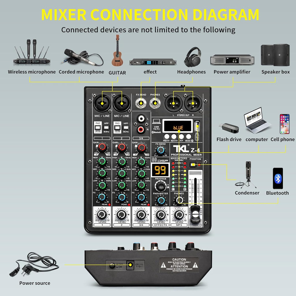 4 Channel Audio Mixer, Professional DJ Mixer Sound Board Mixing Console with 99-Bit DSP Effect, Bluetooth USB Interface Stereo Mixer Board with 48V Phantom Power For Recording Live Stream