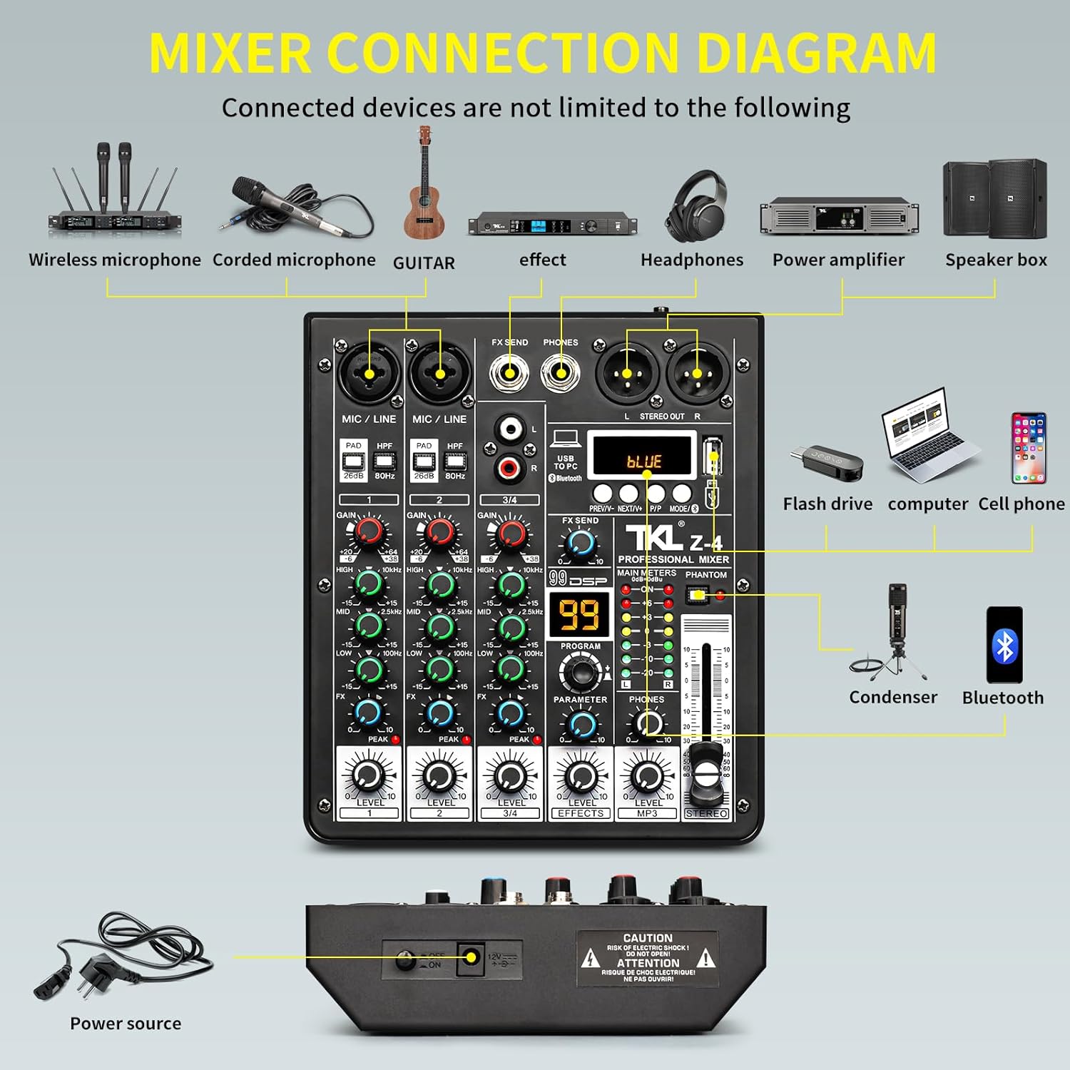 4 Channel Audio Mixer, Professional DJ Mixer Sound Board Mixing Console with 99-Bit DSP Effect, Bluetooth USB Interface Stereo Mixer Board with 48V Phantom Power For Recording Live Stream