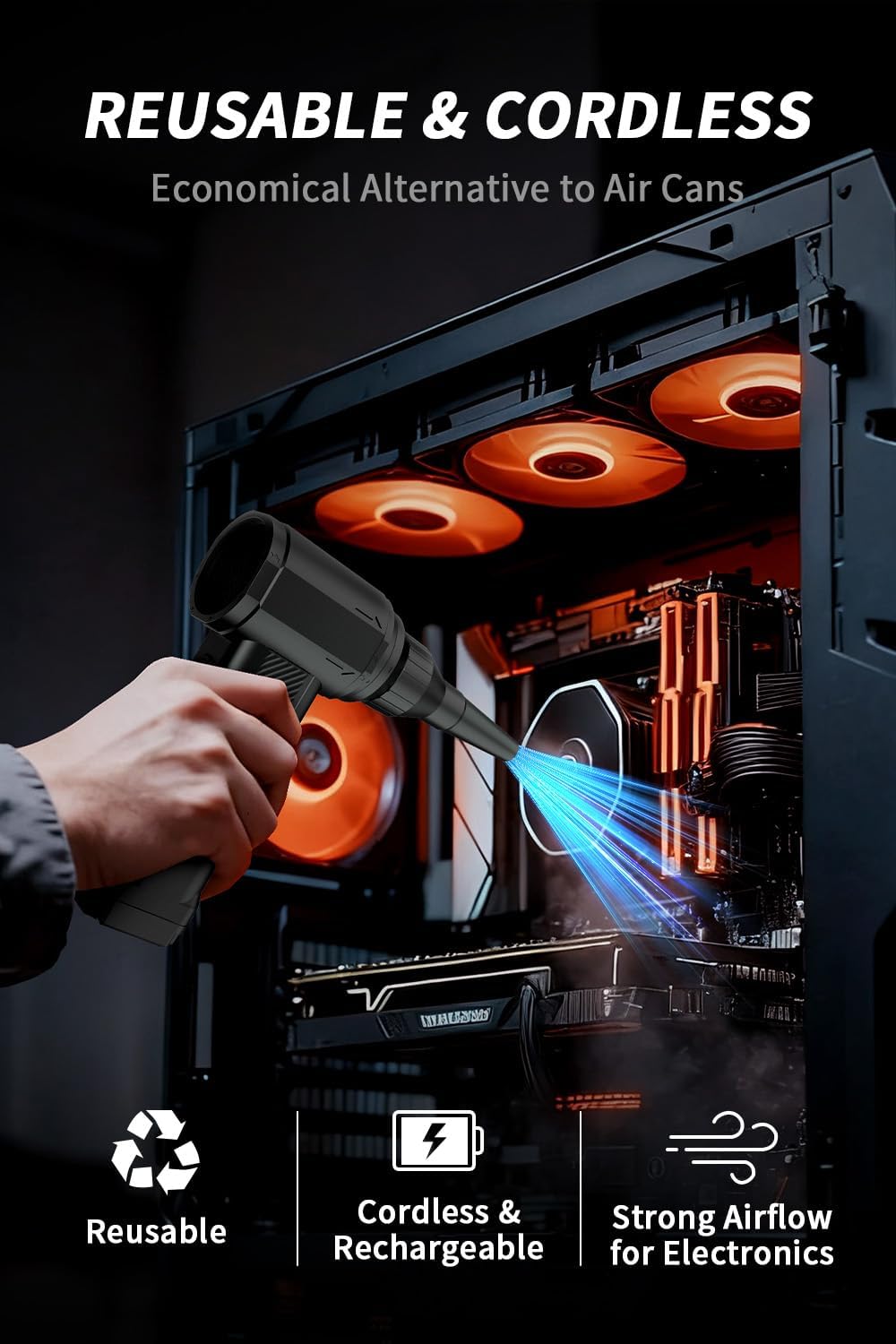 Instant Dust Removal — Compressed Air Duster 90,000 RPM with 40mm Nozzle, LED Light, TFT Display, 9-Speed Adjustable Rechargeable Air Duster, 10,000mAh Battery, 5 Nozzles for Computer,blowers