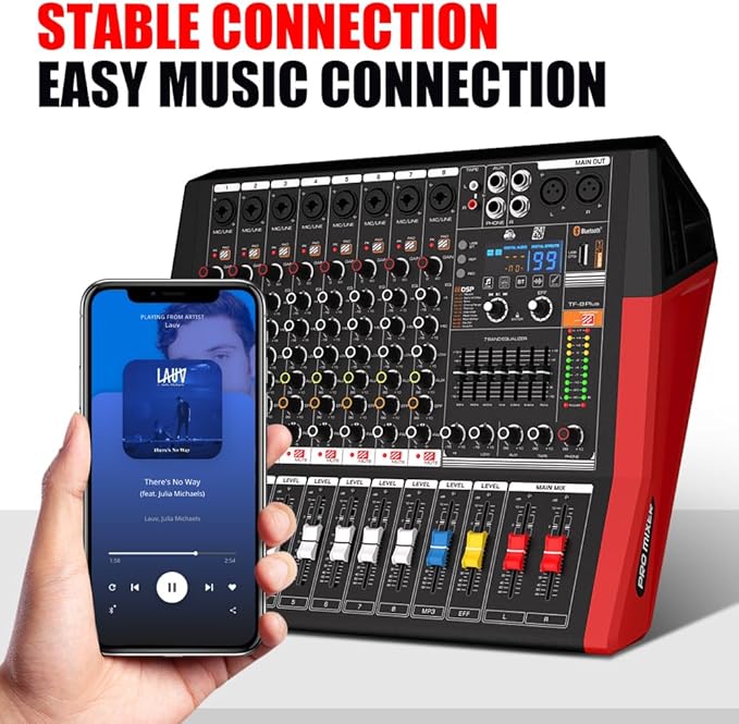 TF600 6-Channel Professional Mixer with Bluetooth Sound Bar with Power Amplifier 2 * 450W Power Output Powered Mixer, 7-Stage Equalizer, 99 DSP Effects, Recording Input USB Drive for Speakers