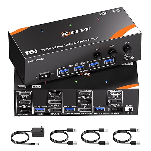 KVM Switch 3 Monitors 3 Computers 8K@60Hz/4K@120Hz, HDMI DP KVM Switches for 3 PC Sharing Triple Monitor and Keyboard Mouse with Power Adapter, Wired Extend Controller and USB3.0 Cables