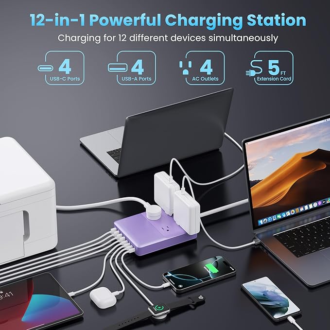 12-in-1 Charging Station USB C Power Strip with 5ft Cord,200W GaN IV USB C Charger Block,4 AC Outlets,4 USB-A,4 USB-C for MacBook,iPhone 16/15/14,Fast Charging Desktop Charger for Office (Purple)