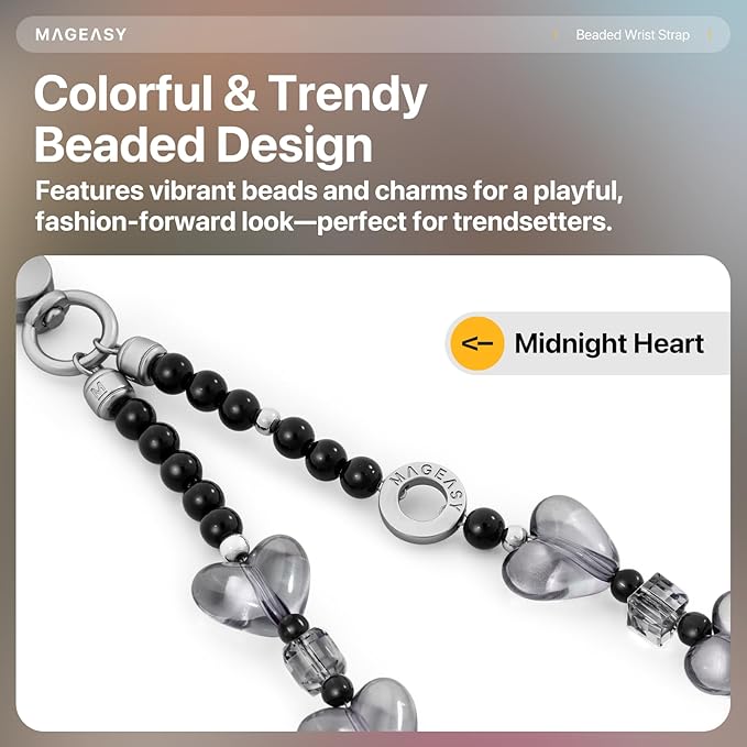 MAGEASY Beaded Phone Charm for Women - Cell Phone Wrist Strap with Teather Tab, Designed for iPhone & Android Phones, Keychain, Camera - Midnight Heart