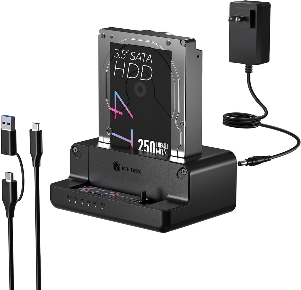 M.2 NVMe & SATA SSD/HDD Hard Drive Docking Station, ICY BOX USB-C 10Gbps M.2 NVMe&SATA Cloner&Reader, Dual Bay Hard Drive cloner for 2.5"/3.5" SSD&HDD Hard Drives, 2 Way Offline Cloning Clone Station