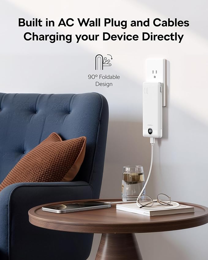 VEGER AC Wall Plug Portable Charger, 10000mah Slim Portable Charger Built in Cables, USB C Power Bank 15W Fast Charging, Travel Essential Battery Pack Compatible with iPhone, Android and More(White)
